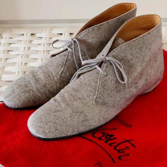 Christian Louboutin Grey Pony Hair Lace-Up Boots Designer Red Sole Ankle Booties - Picture 6 of 16